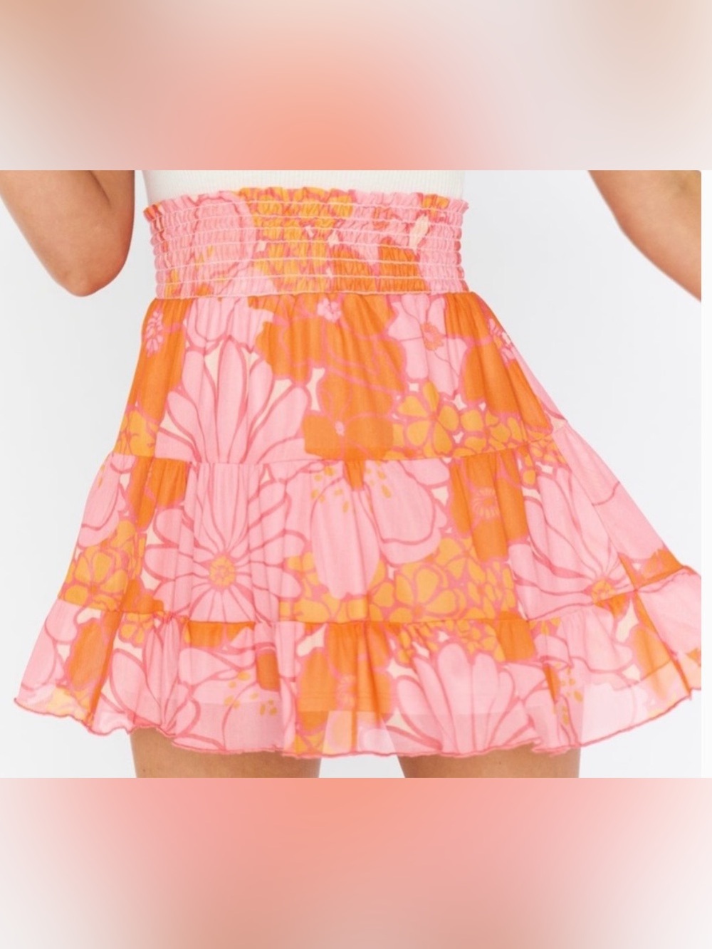 Show Me Your MuMu - Floral Smocked Waist Mini Skirt - Pink & Orange